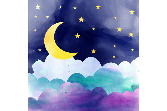 Clouds with the Moon and Stars Watercolor for Nature Amp