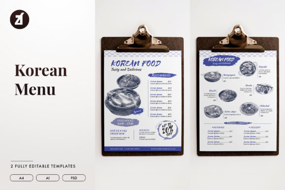 Korean Food Vintage Menu Template for Print Templates