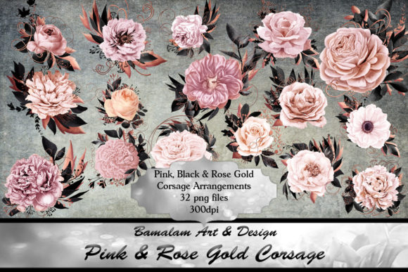 Pink Rose Gold Floral Corsage Clip Art for Illustrations