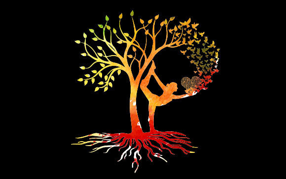Woman Yoga Pose with Tree and Music Bird Print Templates